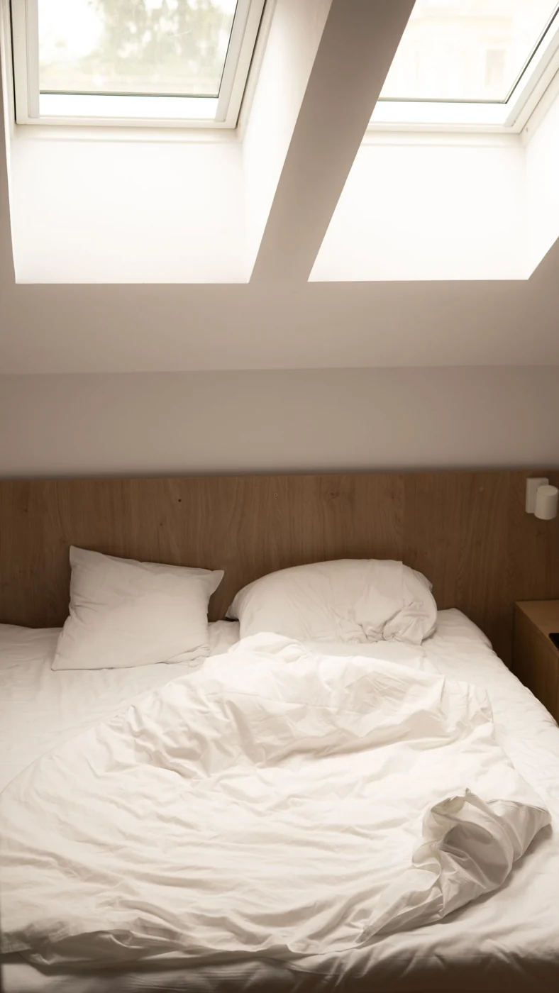 Minimalist attic bedroom with white linens and skylights, providing natural light and modern comfort.