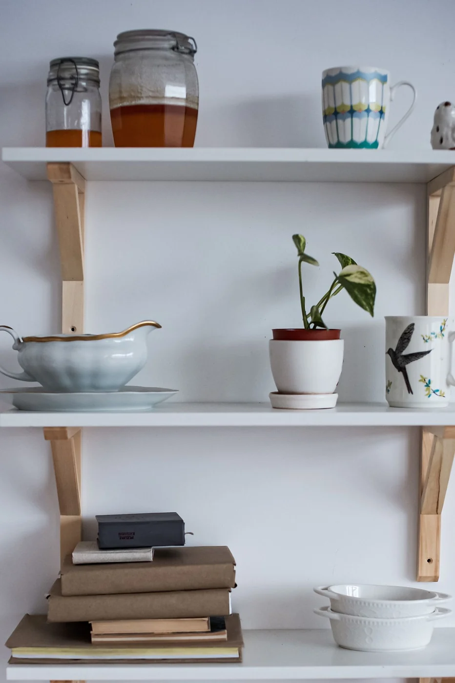 A cozy kitchen shelf in a Russian home featuring pottery, glass jars, a potted plant, and books.