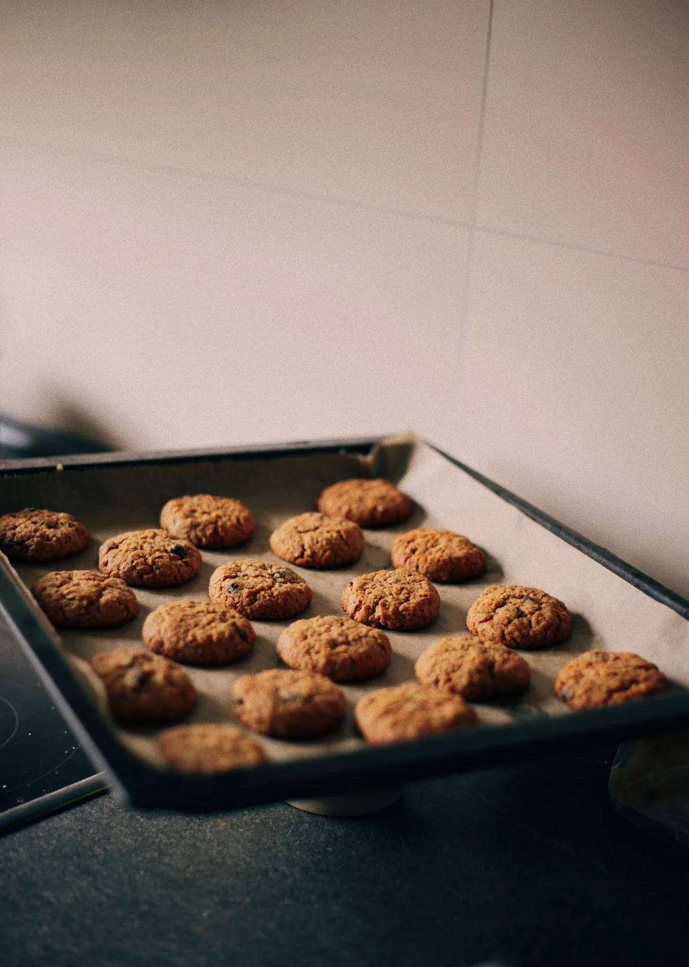 Cookies on a metal baking sheet.
