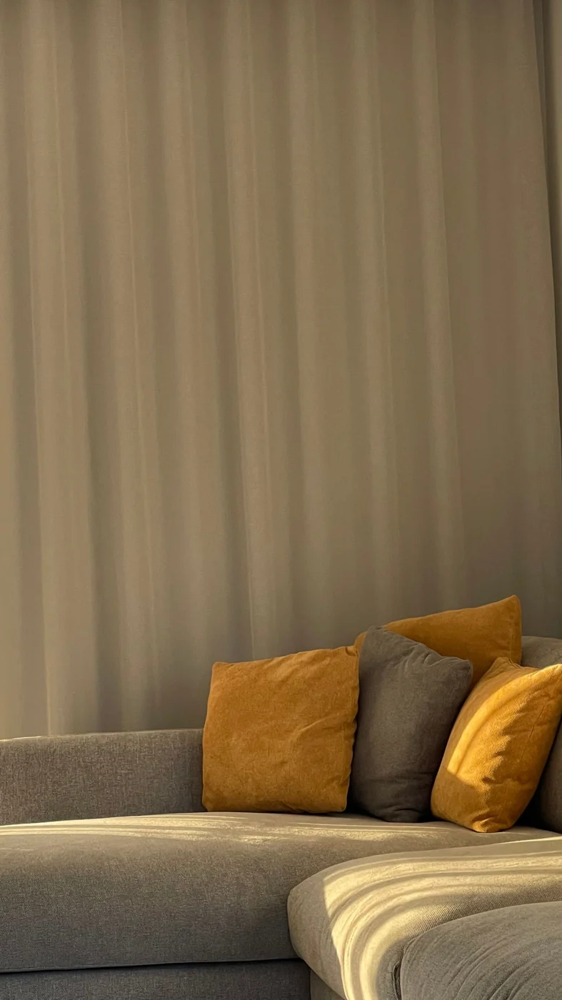 A modern living room featuring a minimalist sofa with sunlight streaming through sheer curtains.