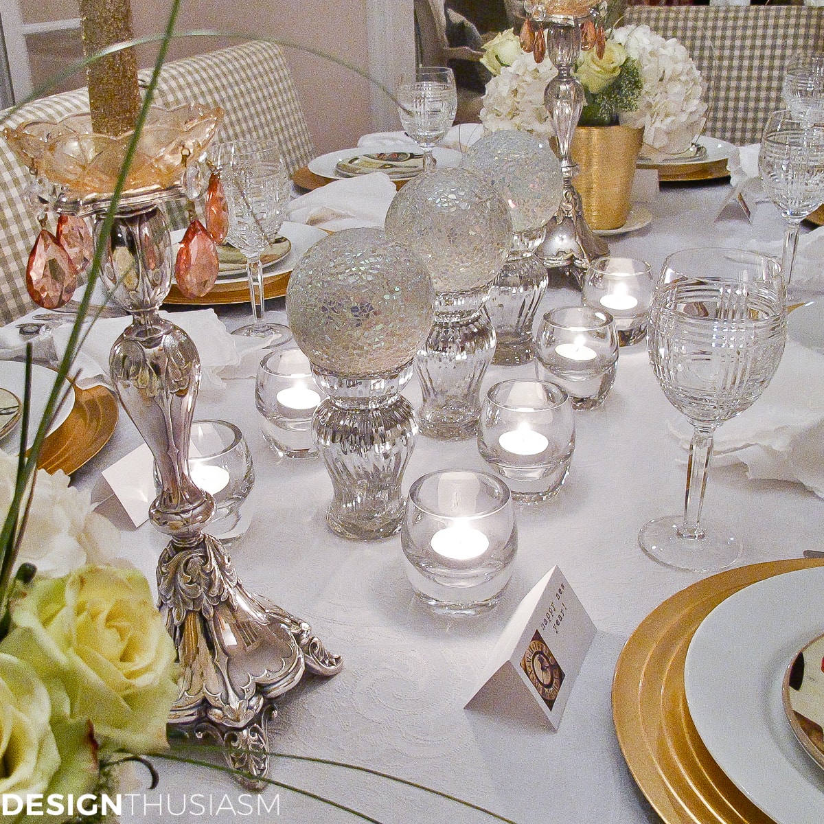 New Years Eve Party Themes | Tablescape with Timepieces - terilynadamsblog.com