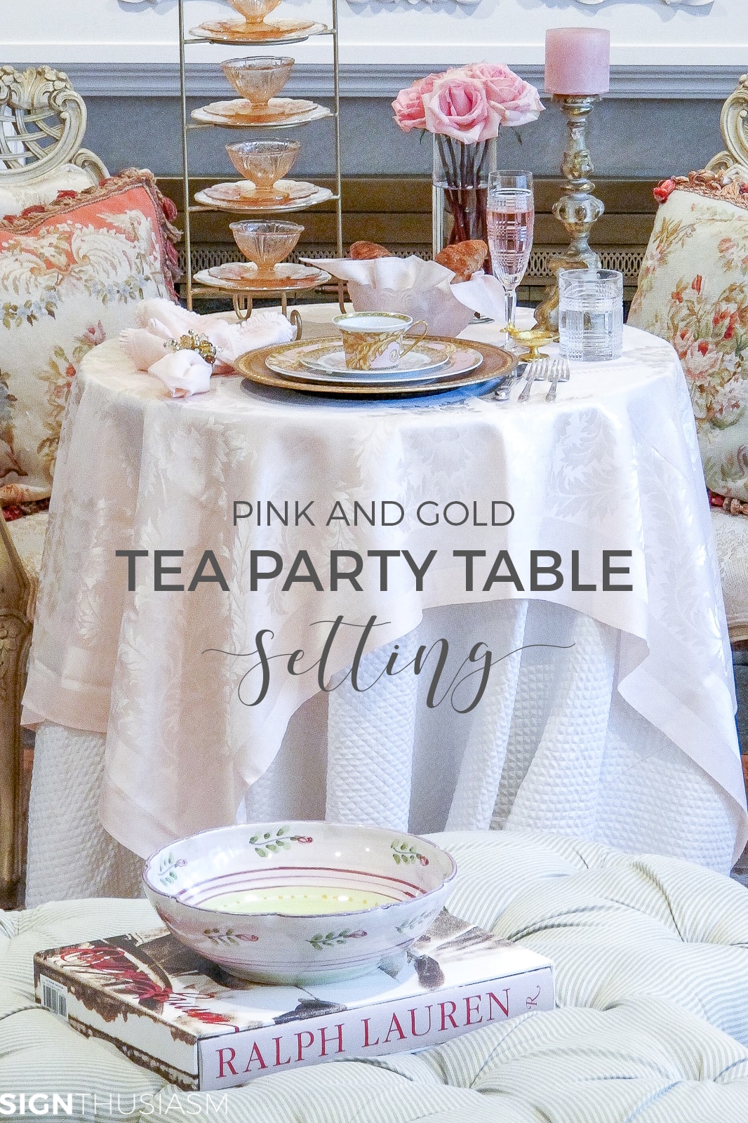 Tea party table setting set by the fireplace