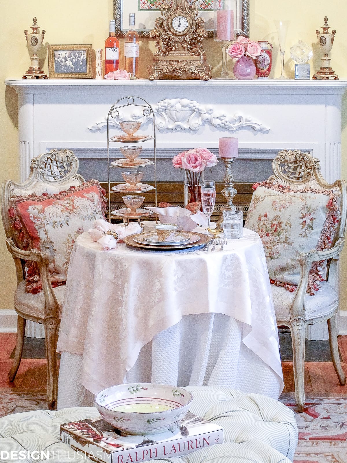 French inspired tea party table setting with pink and gold Versace plates