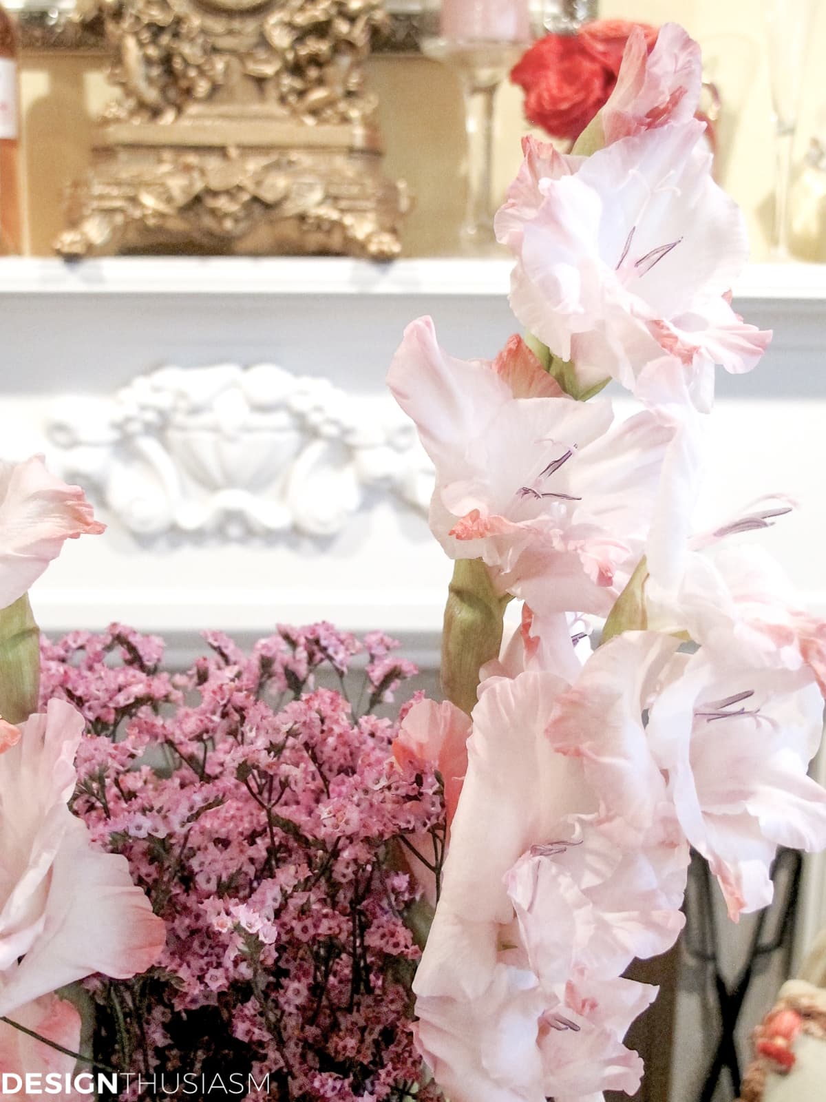 Tea party table setting lush pink flowers