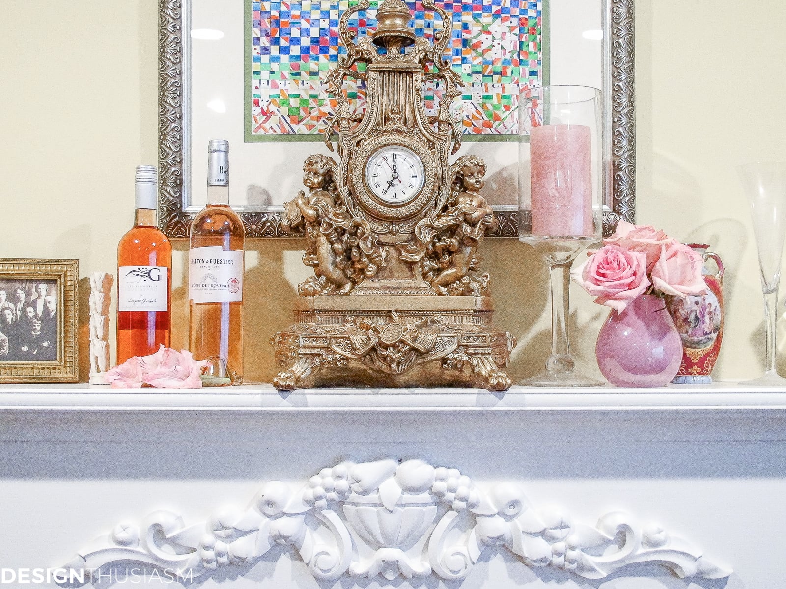 Pretty pink and gold mantel for a tea party table setting