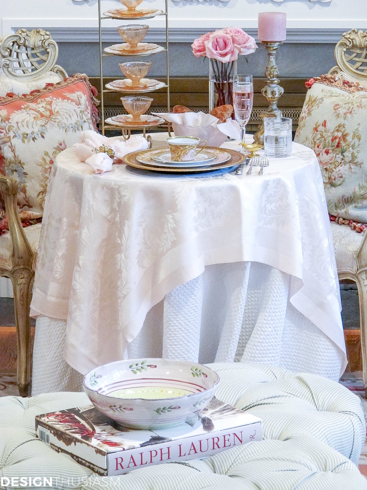 Tea party table setting set by the fireplace