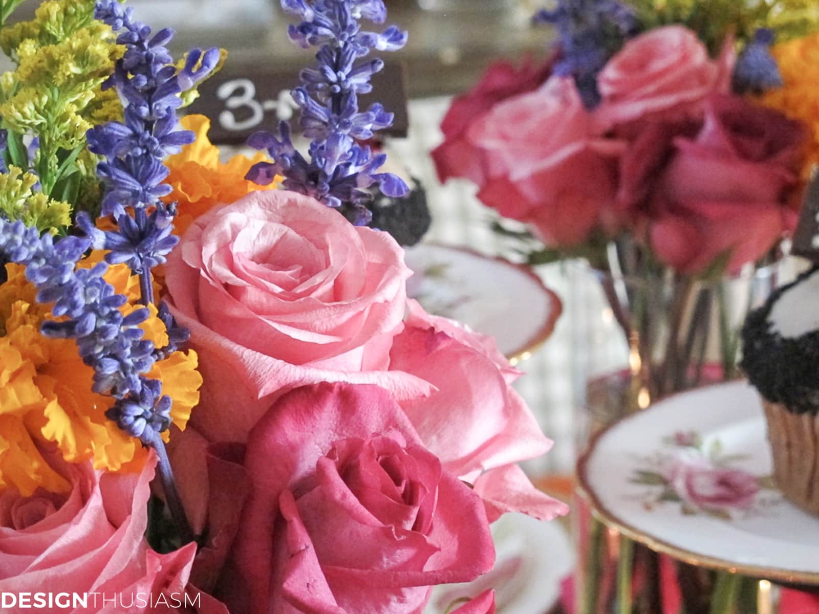 floral centerpiece for a book club table setting with vintage books