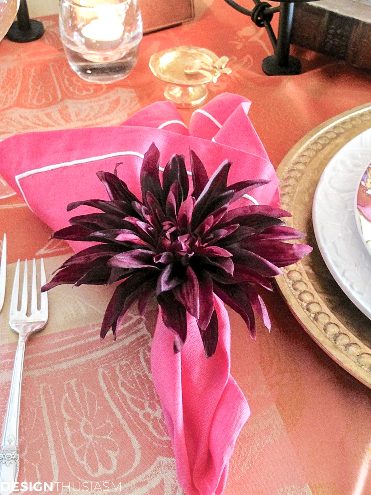napkins and rings for a book club table setting with vintage books