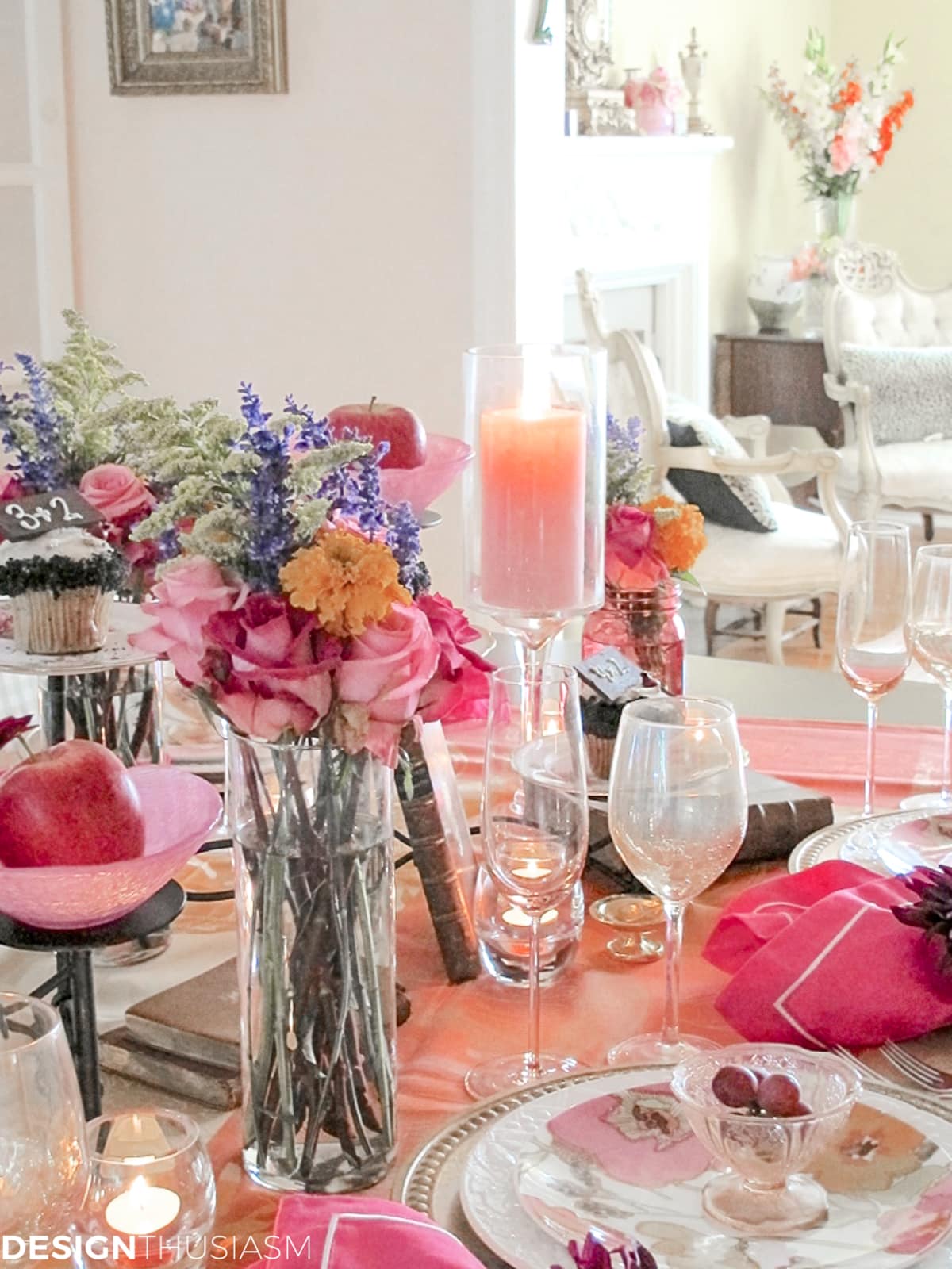 colorful book club table setting with vintage books