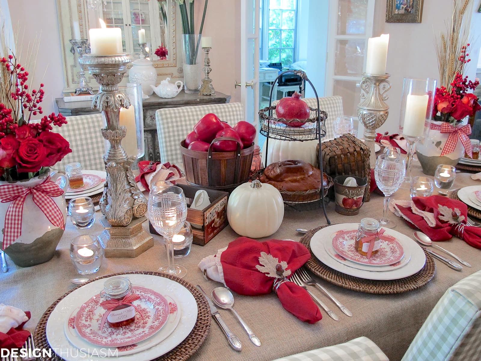 apples and honey in a rustic tablescape for Rosh Hashanah dinner