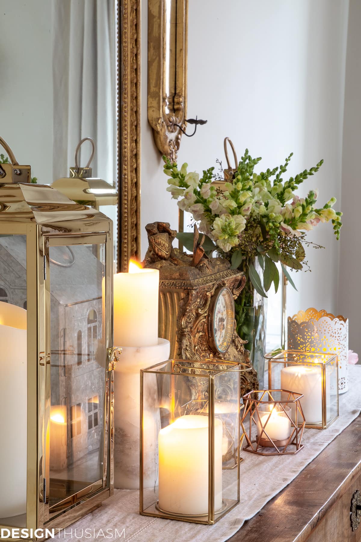 candles and winter decor in a cozy home