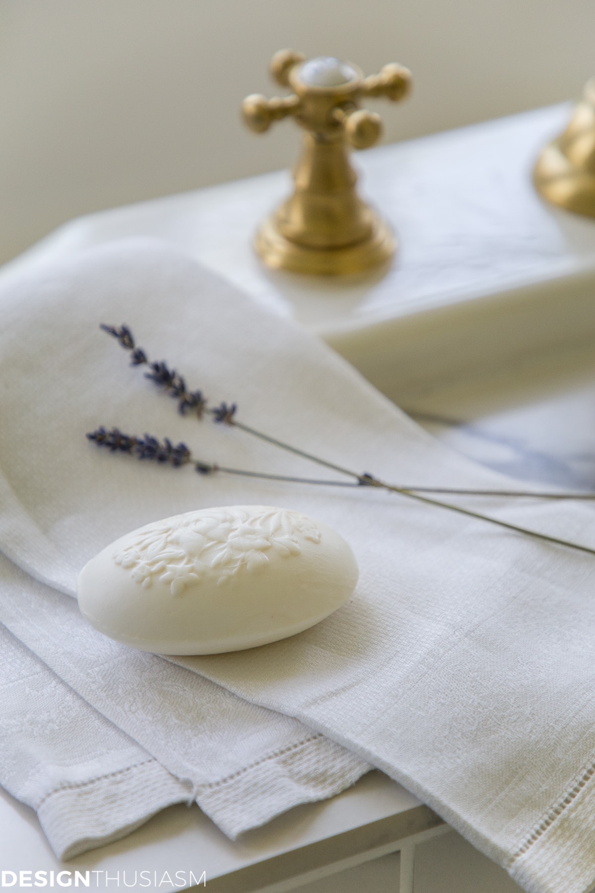 white linen and soap in a winter bathroom