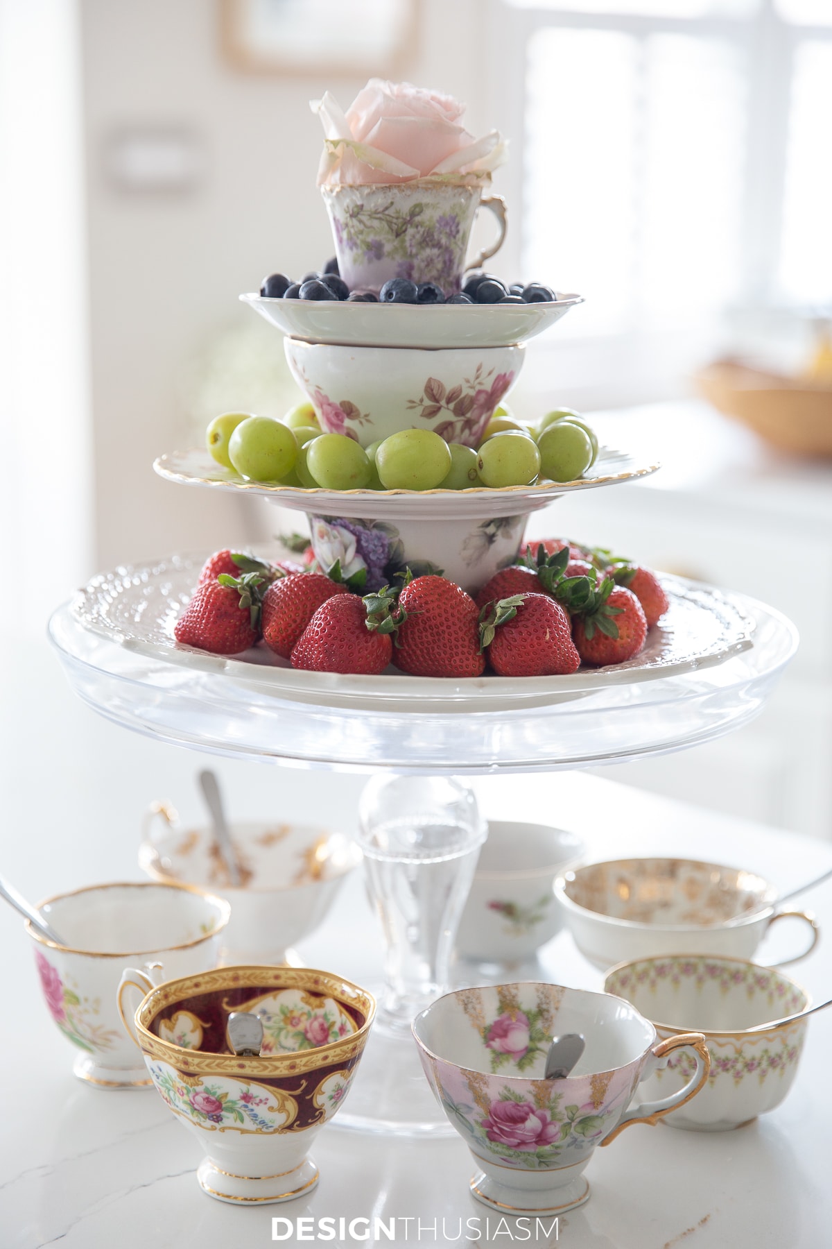 fruit platter made of stacked teacups ad saucers