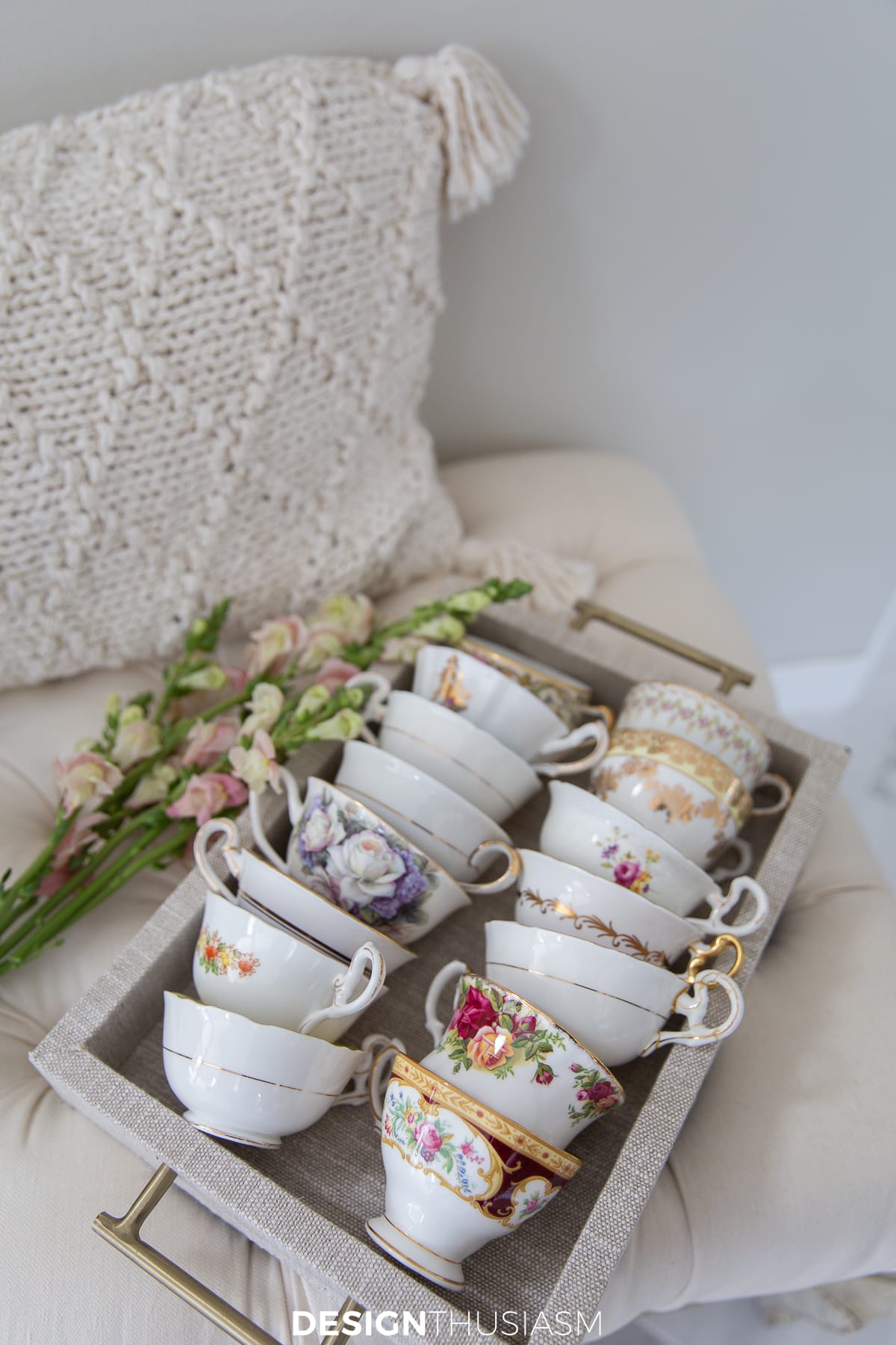 teacups displayed stacked on a tray