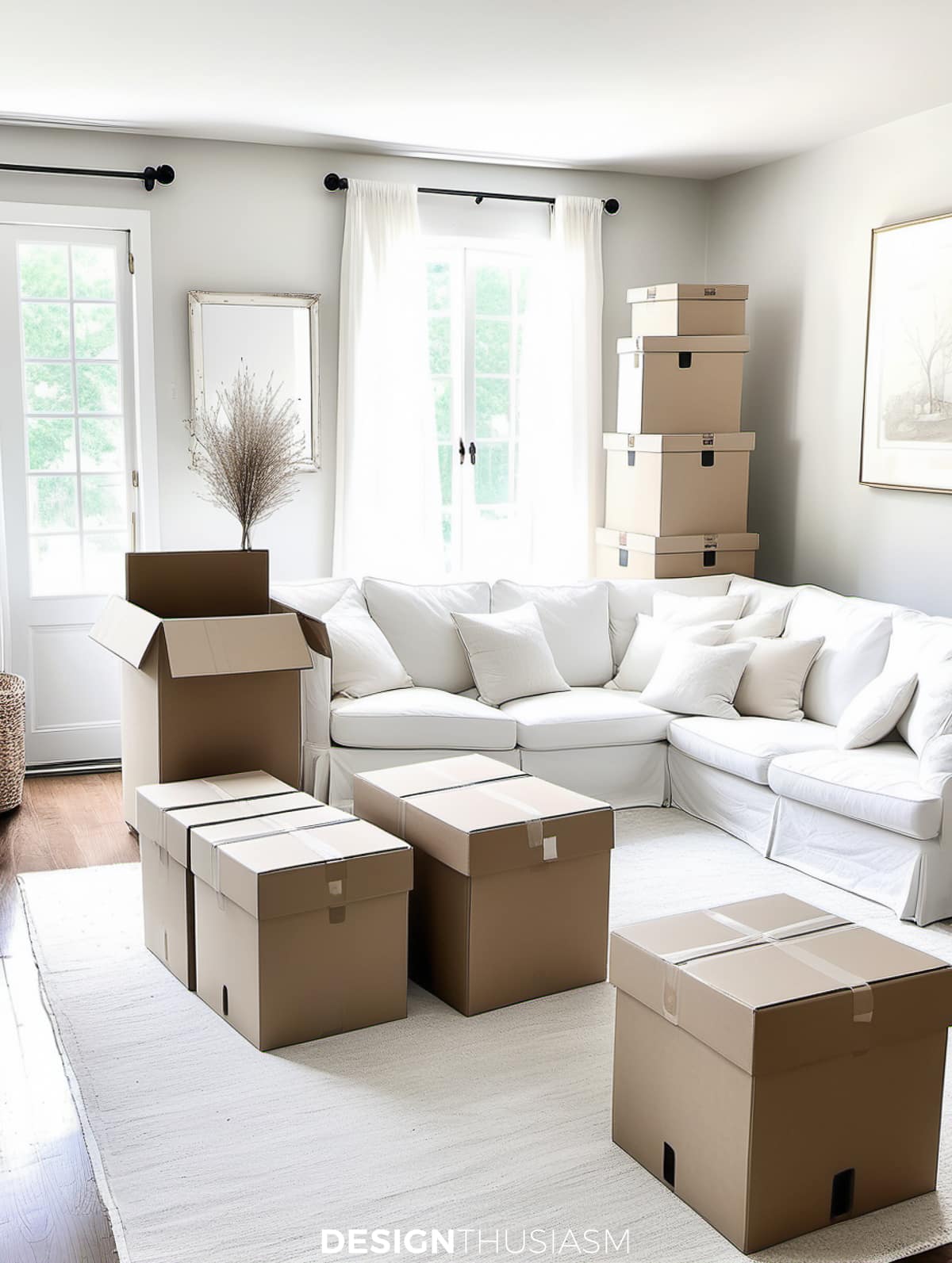 packing boxes in the living room