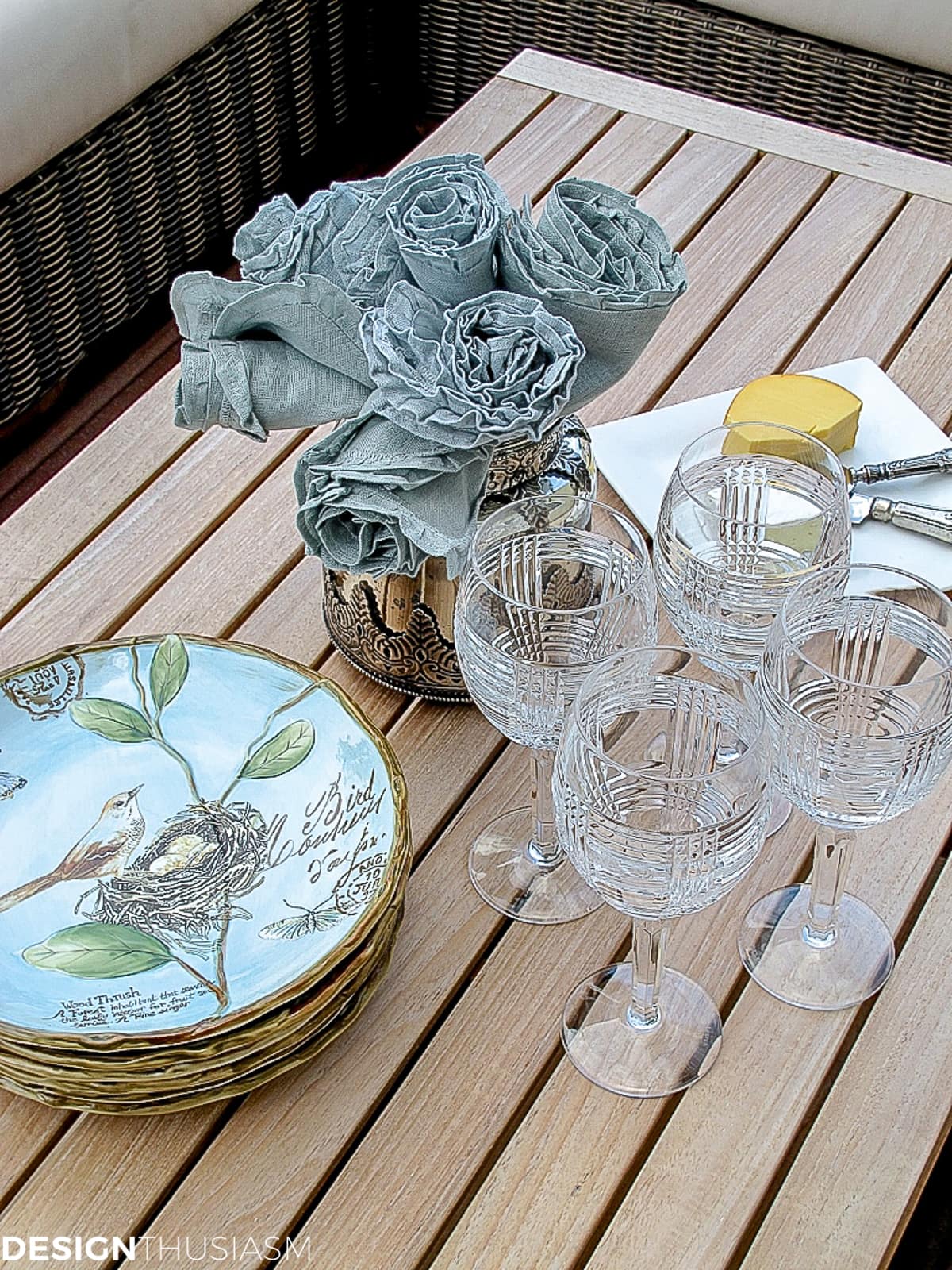 wine and cheese serve ware on the patio