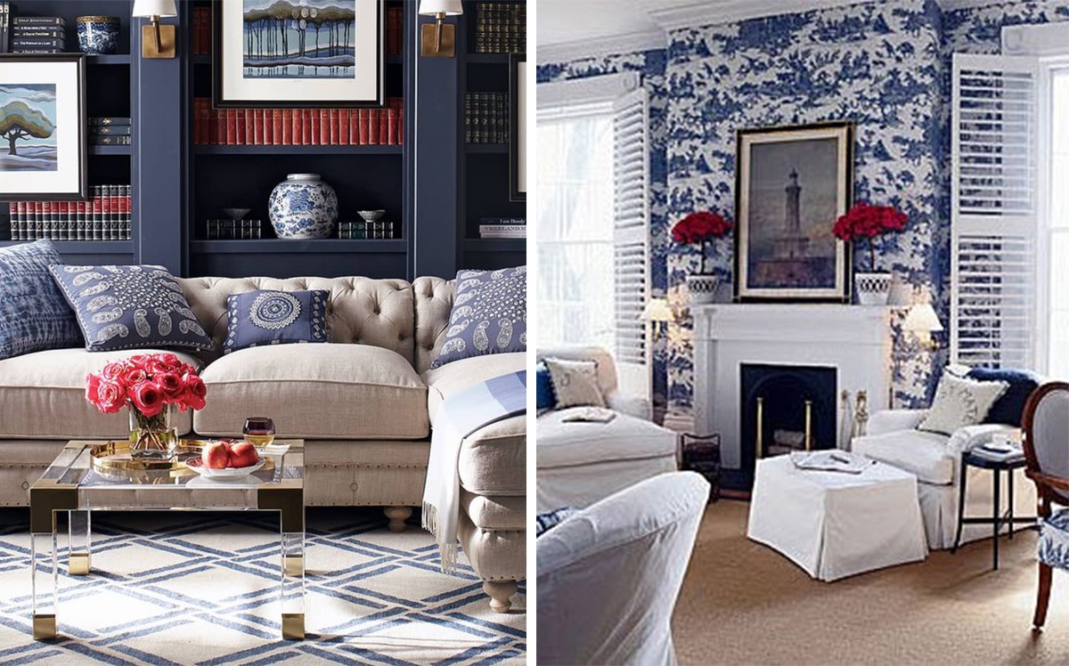 white and blue rooms with red flowers