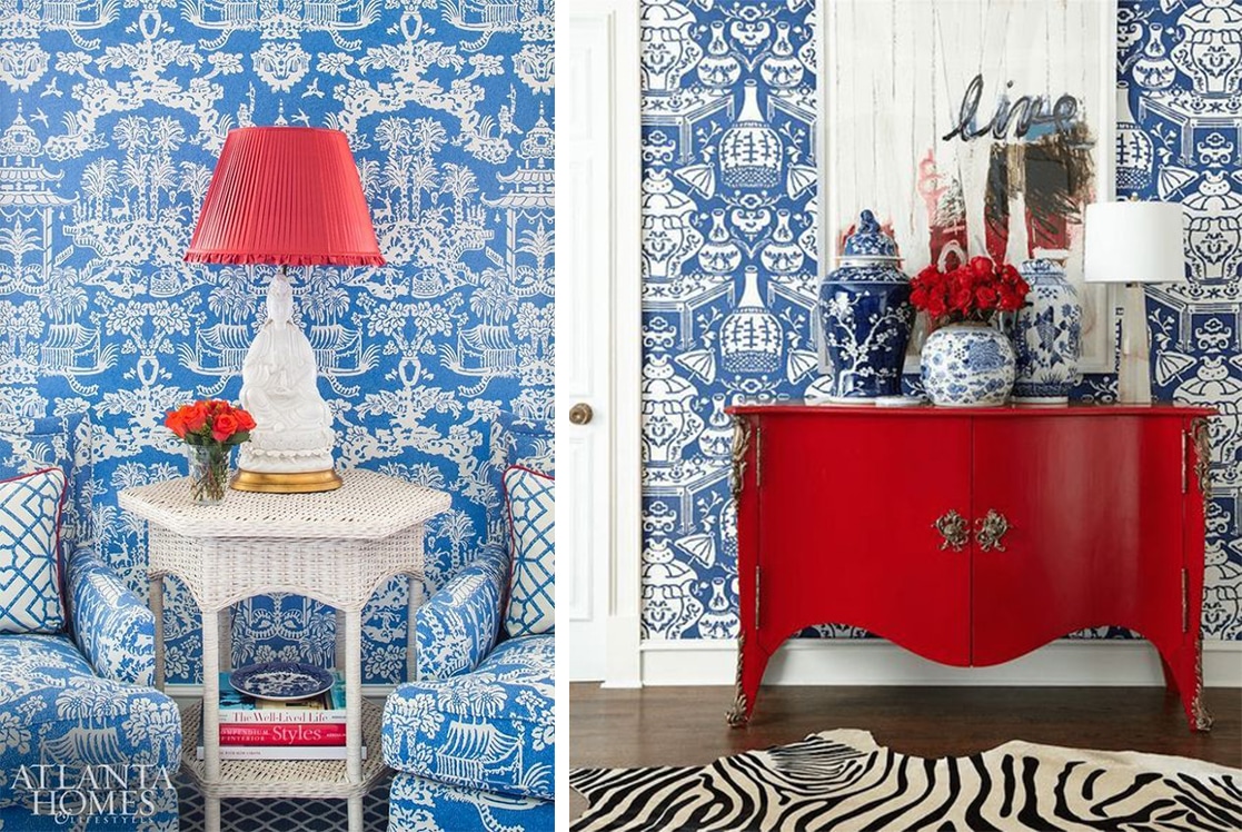 white and blue wallpaper with red accents