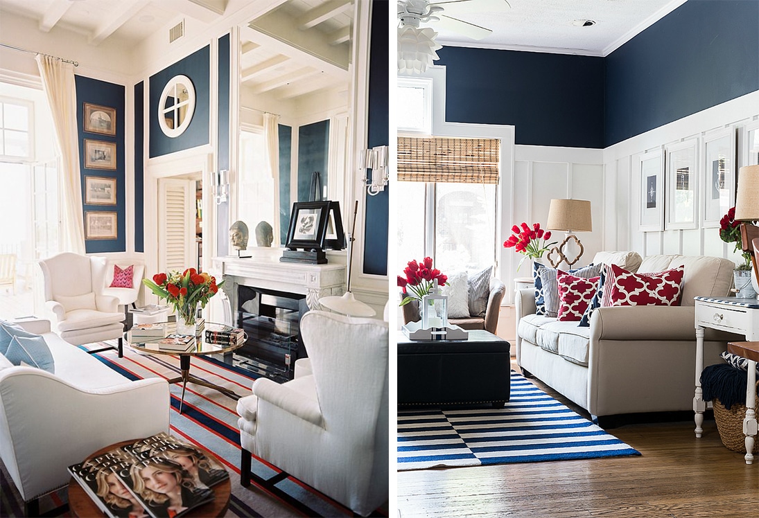 red white and blue rooms with navy walls