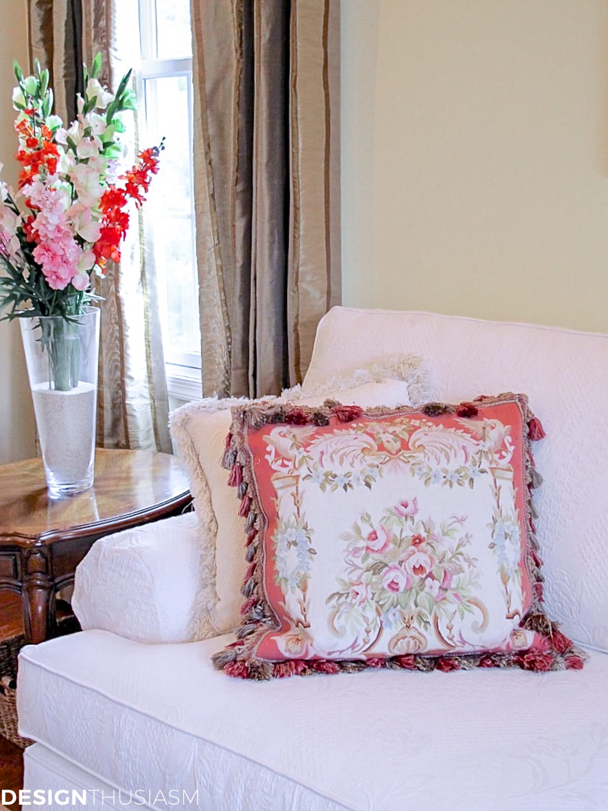 needlepoint pillow in the living room