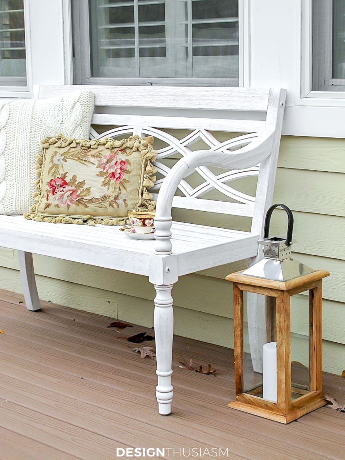 fall patio bench and lantern