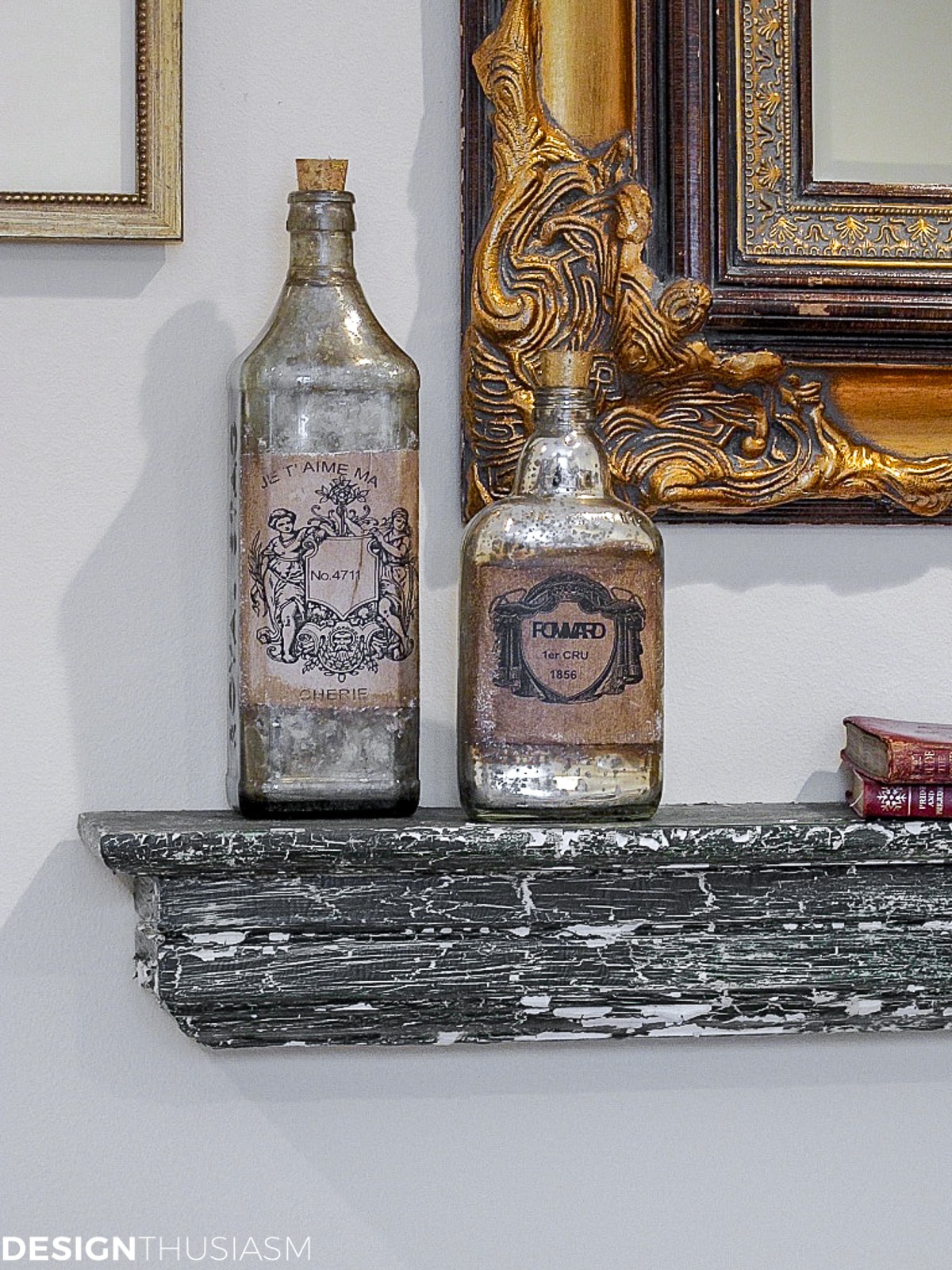 chippy shelf with French bottles
