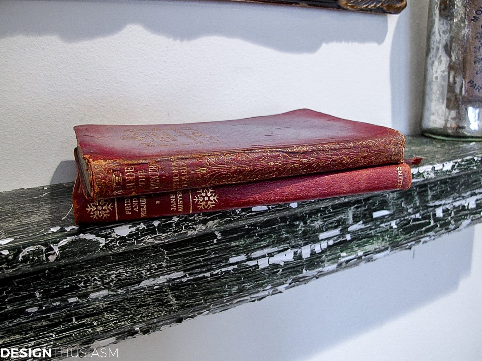 chippy shelf with vintage books