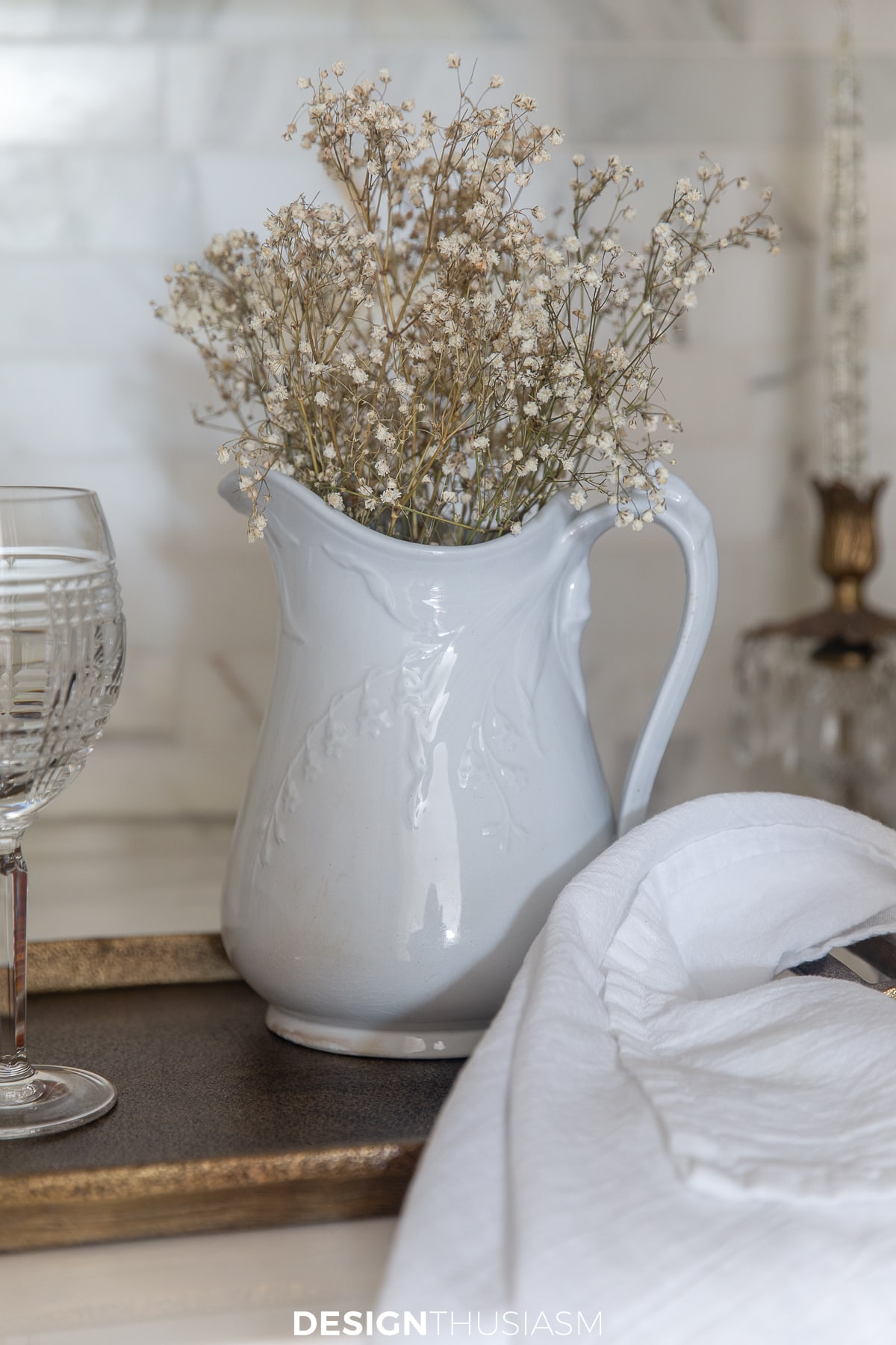french styled butler's pantry white ironstone pitcher