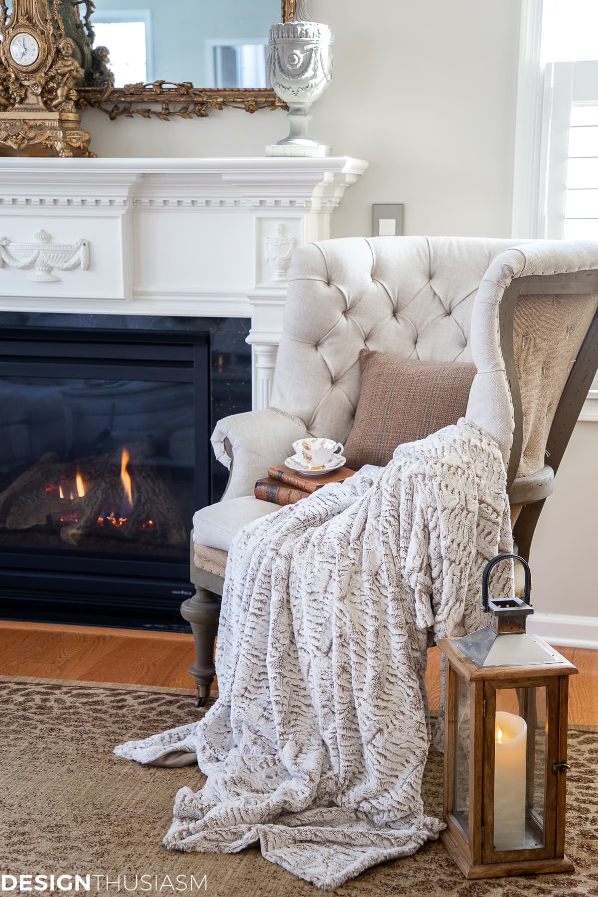 cozy winter decor by the fireplace
