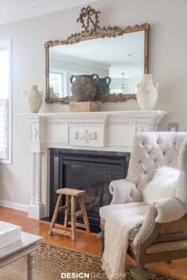 Defining style elements for a french inspired home - gilded mirror and distressed objects