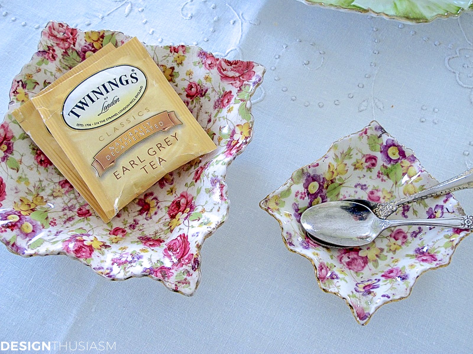 chintz ware plates for breakfast tea in the bedroom 