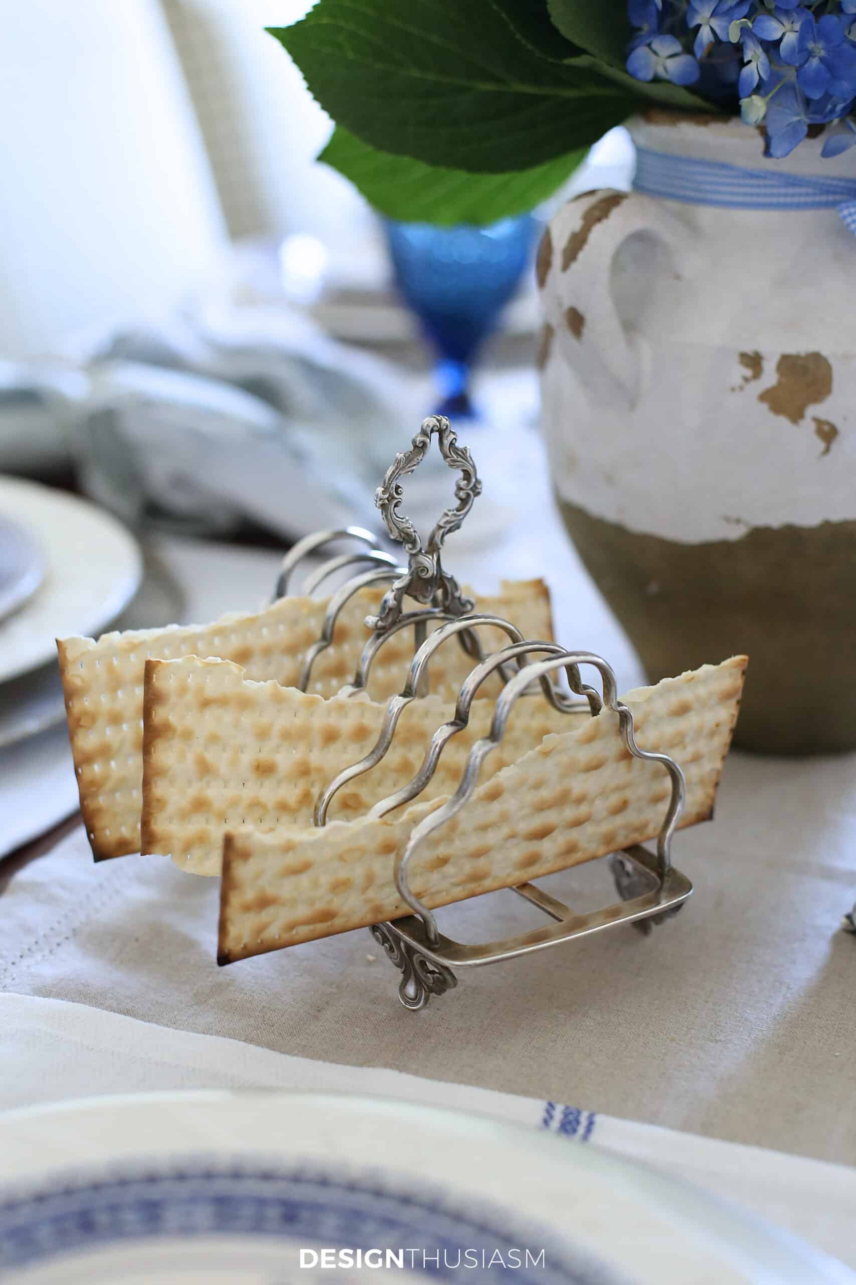 vintage silver toast rack on a Passover table