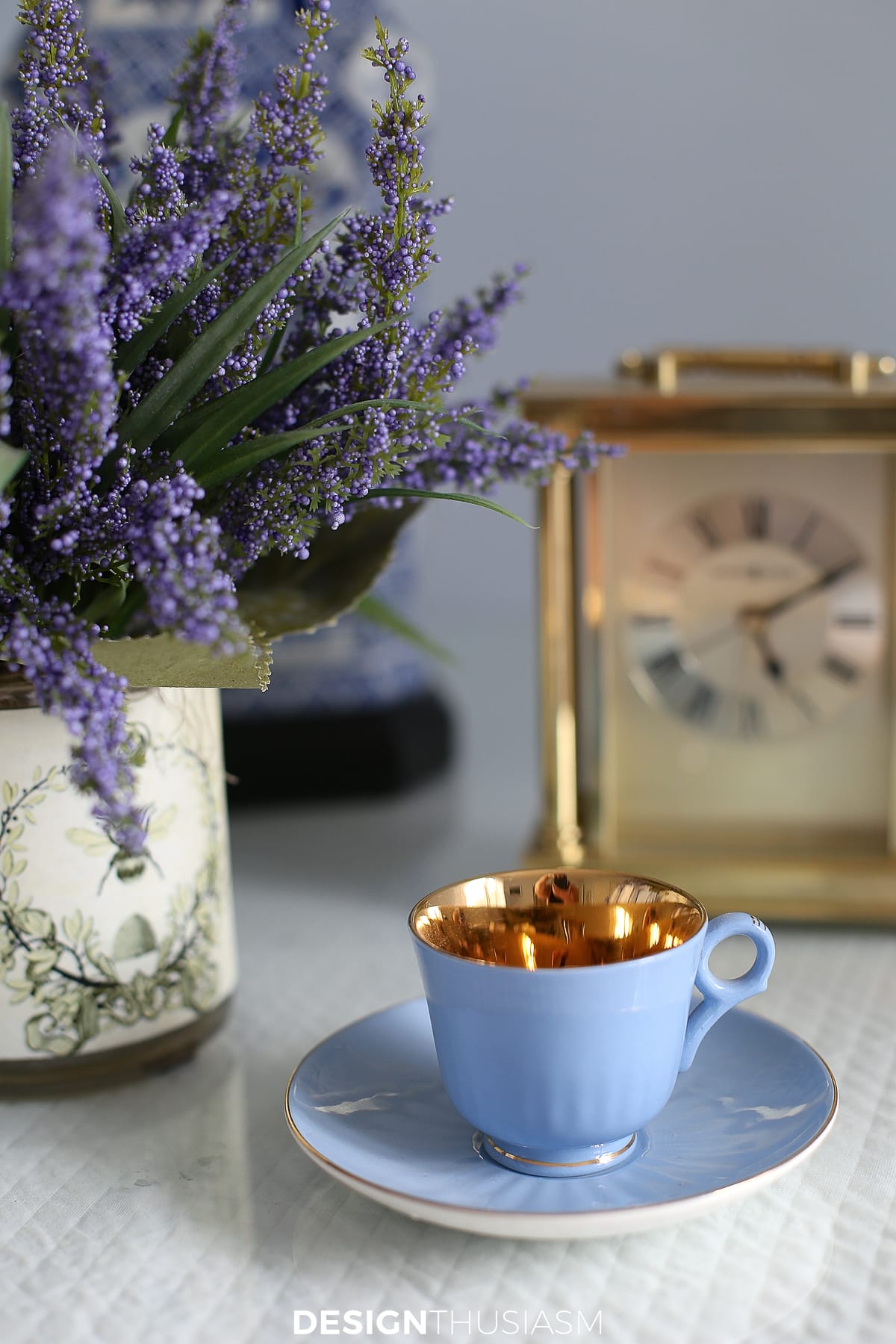 french blue guest room clock and teacup