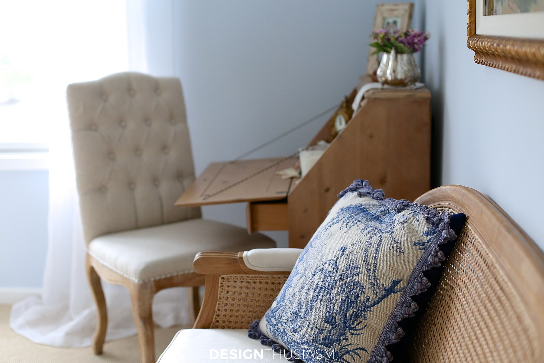 french blue guest room settee and desk