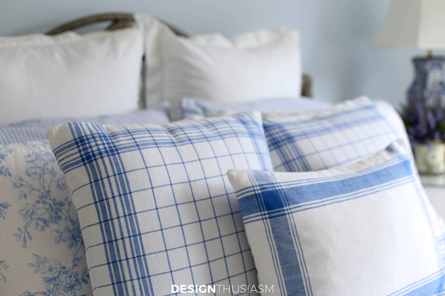 french blue guest room blue and white pillows