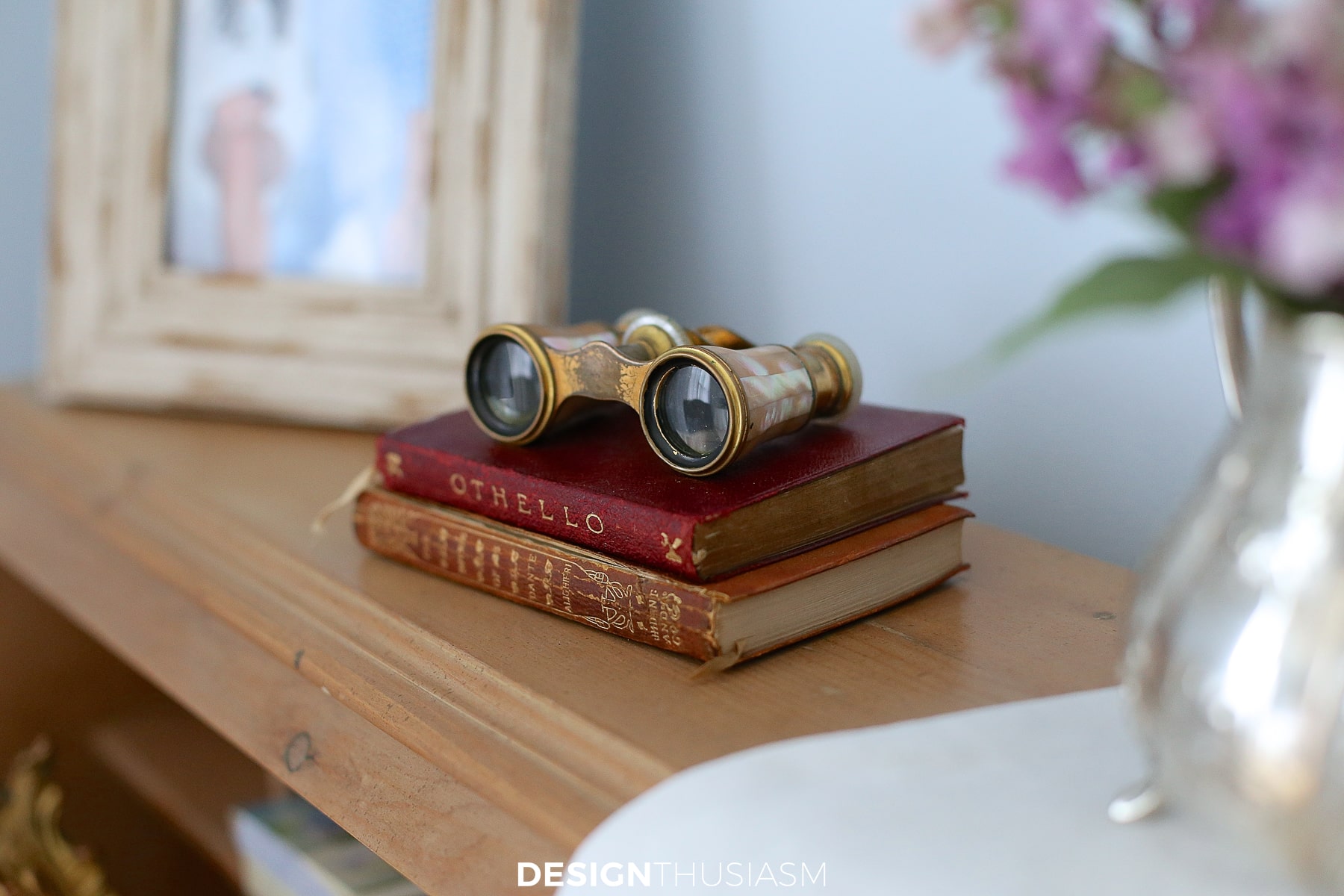 french blue guest room vintage books