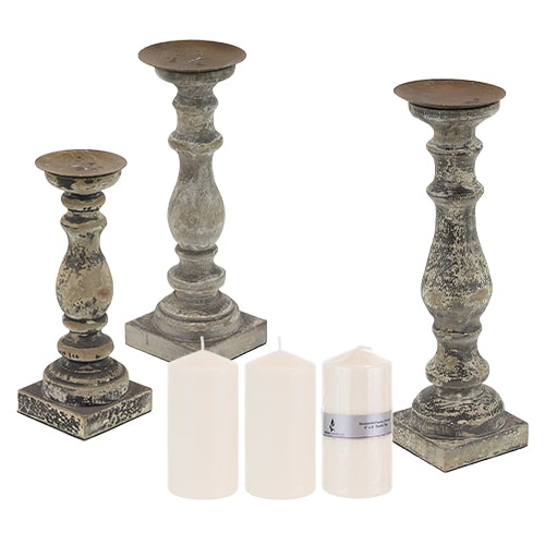 Mother's Day gift pairing rustic candlestick trio and pillar candles