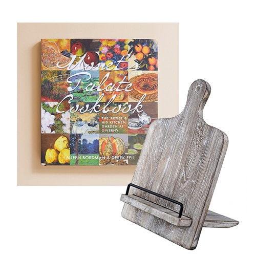 Mother's Day gift pairing Monet cookbook and rustic cookbook stand