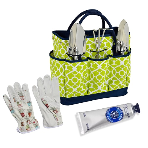 Mother's Day gift pairing garden tote, garden gloves and hand cream