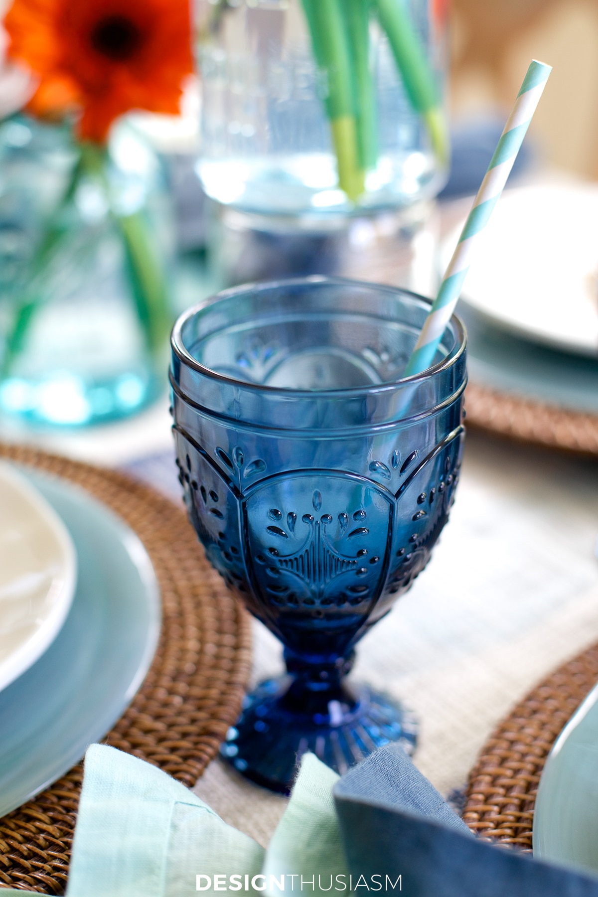 summer clambake table with blue goblets