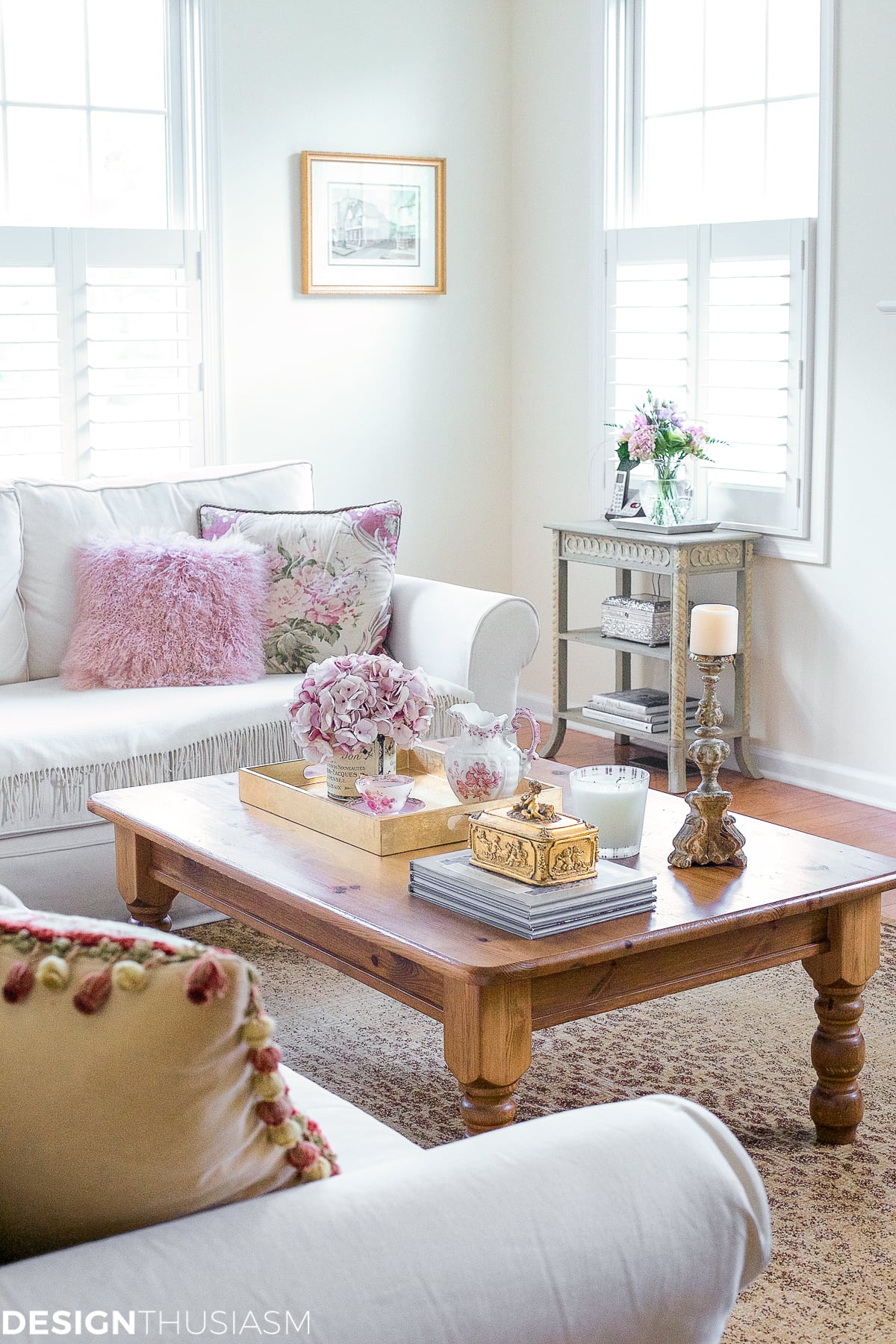 french country living room with a small accent table