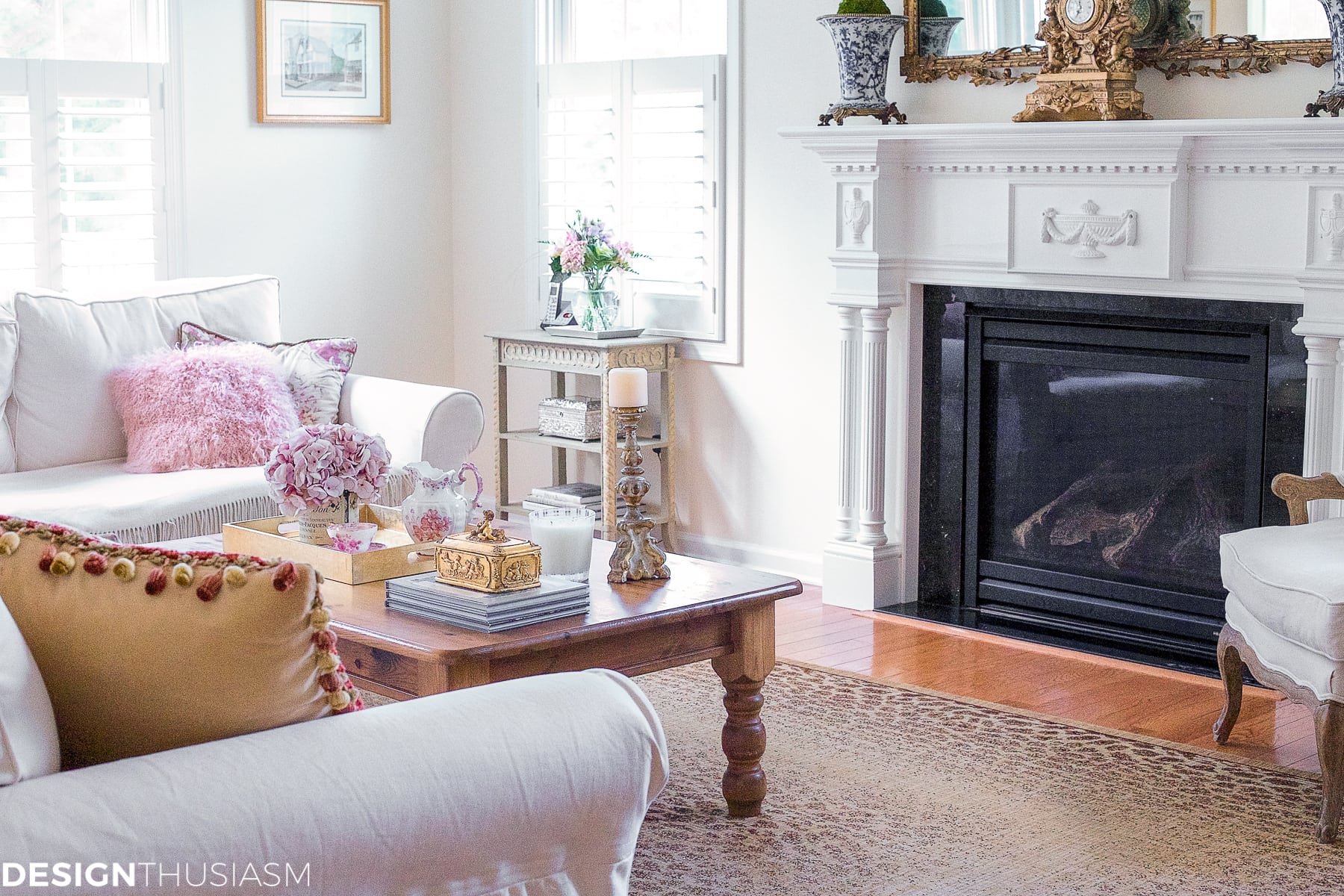 french country living room with small occasional tables