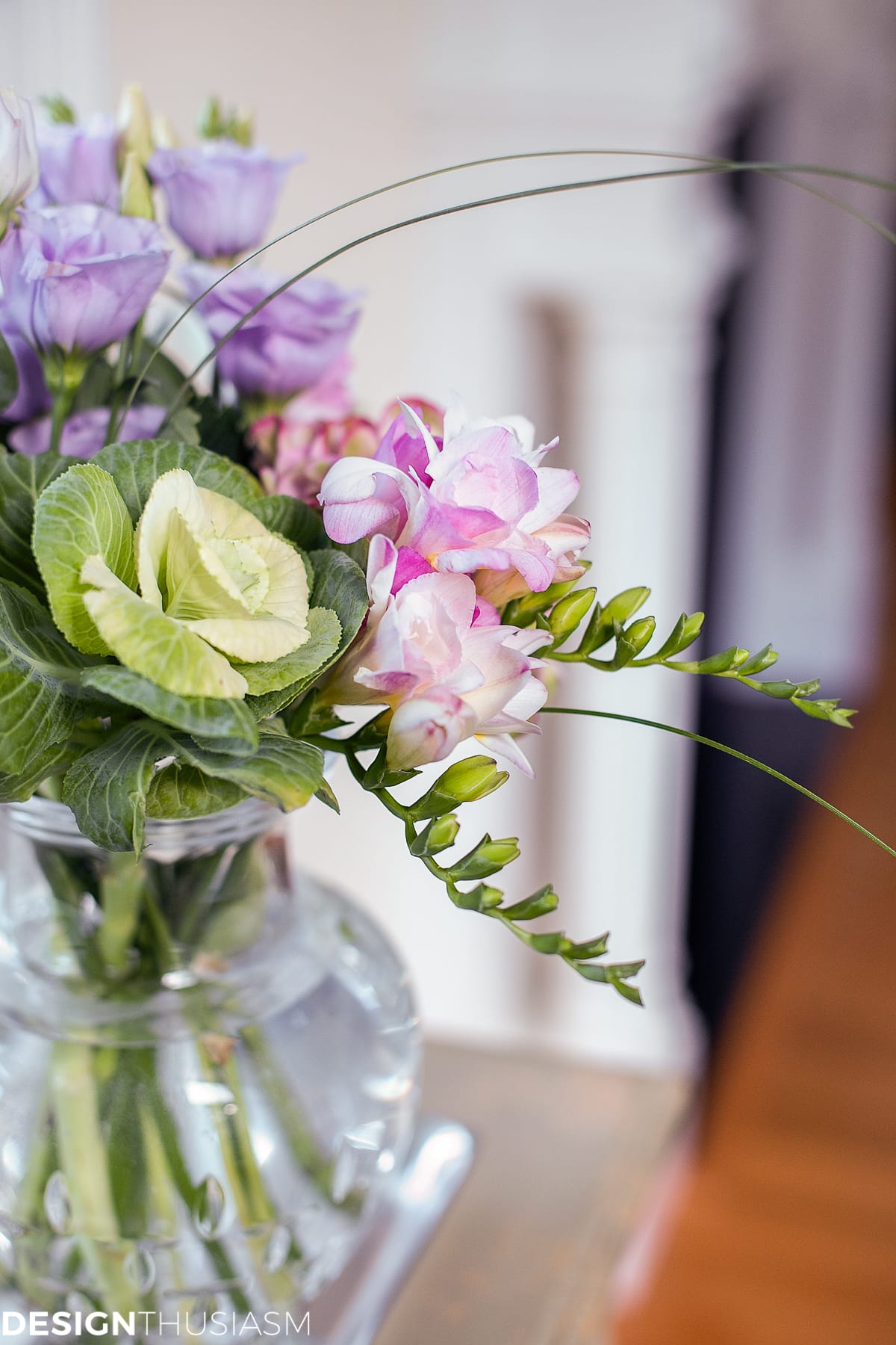 floral arrangement on narrow end table