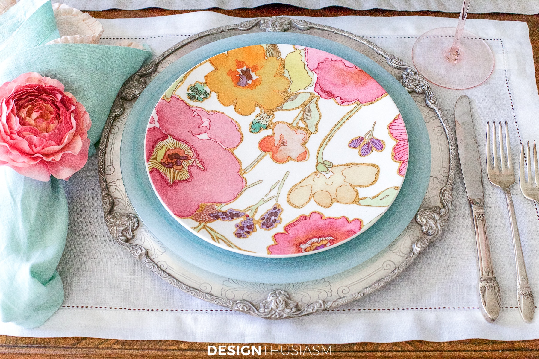 summer table with floral plates