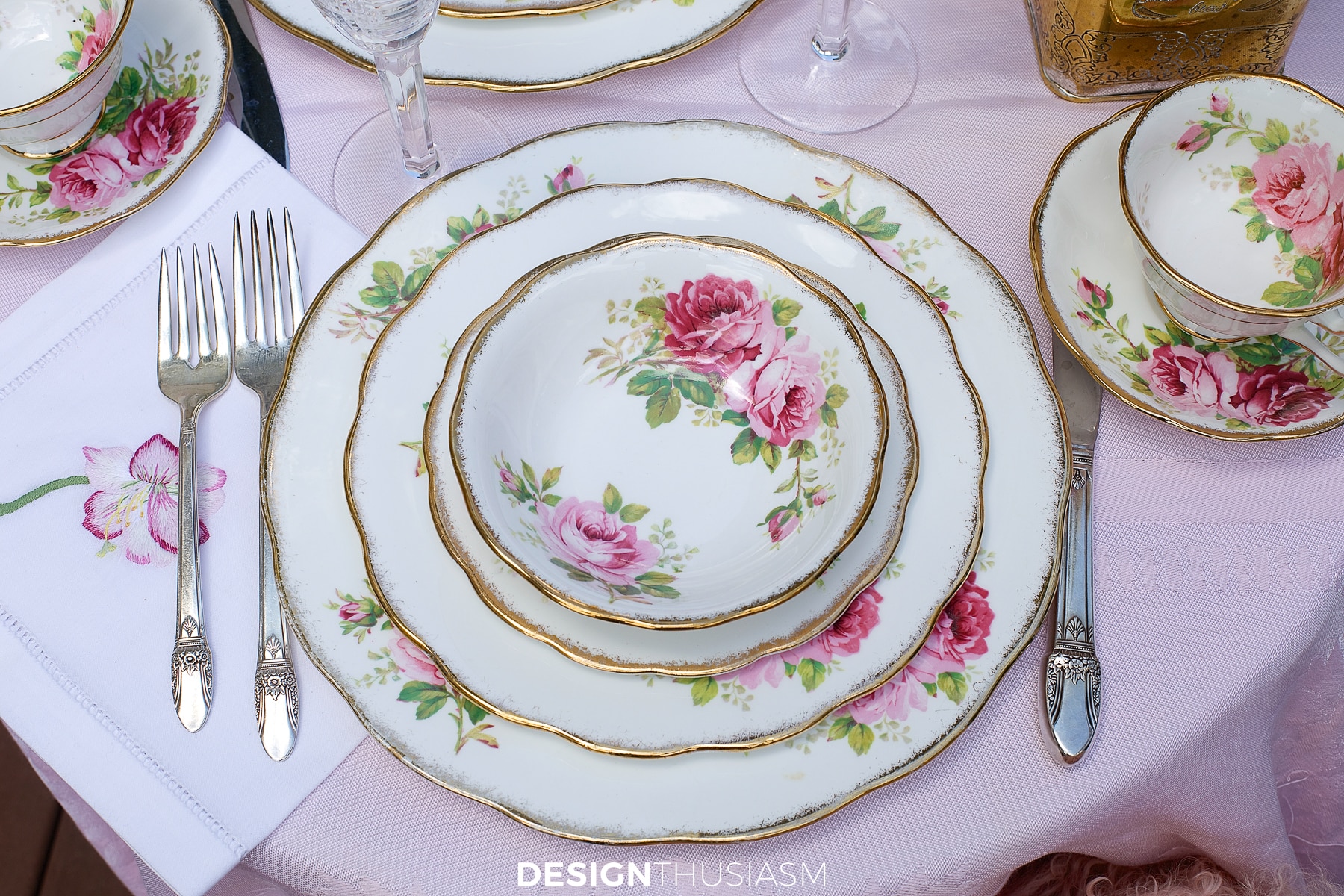 french outdoor tea table American beauty roses china