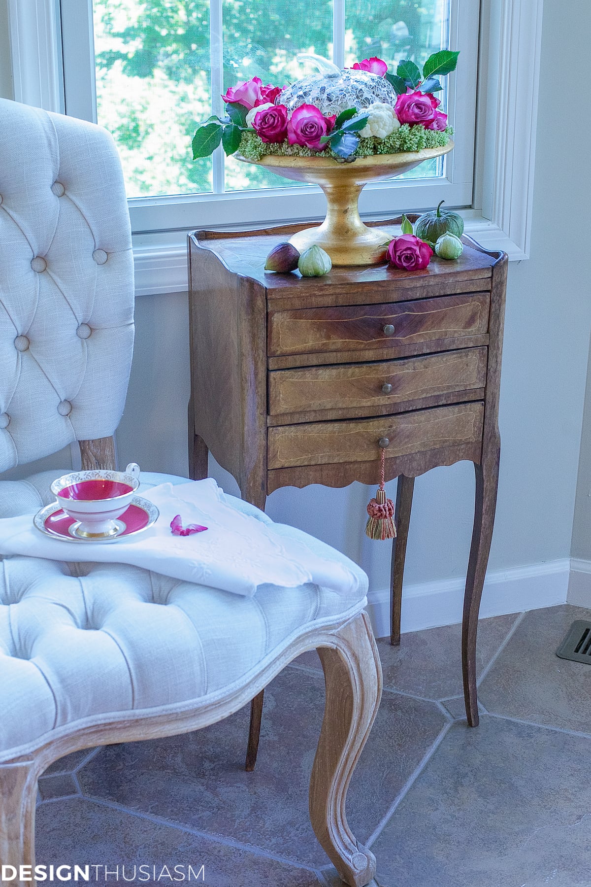 fall centerpiece on a side table
