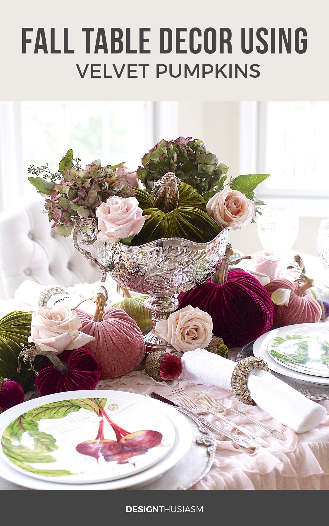 fall tablescape with velvet pumpkins