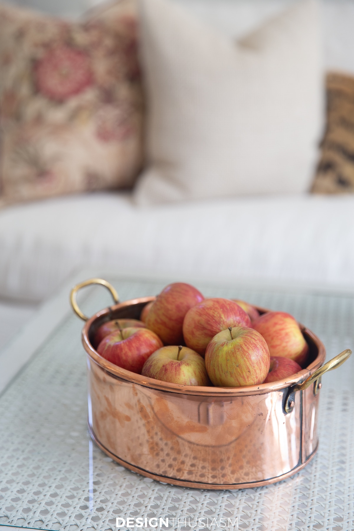 fall living room apples in copper vessel