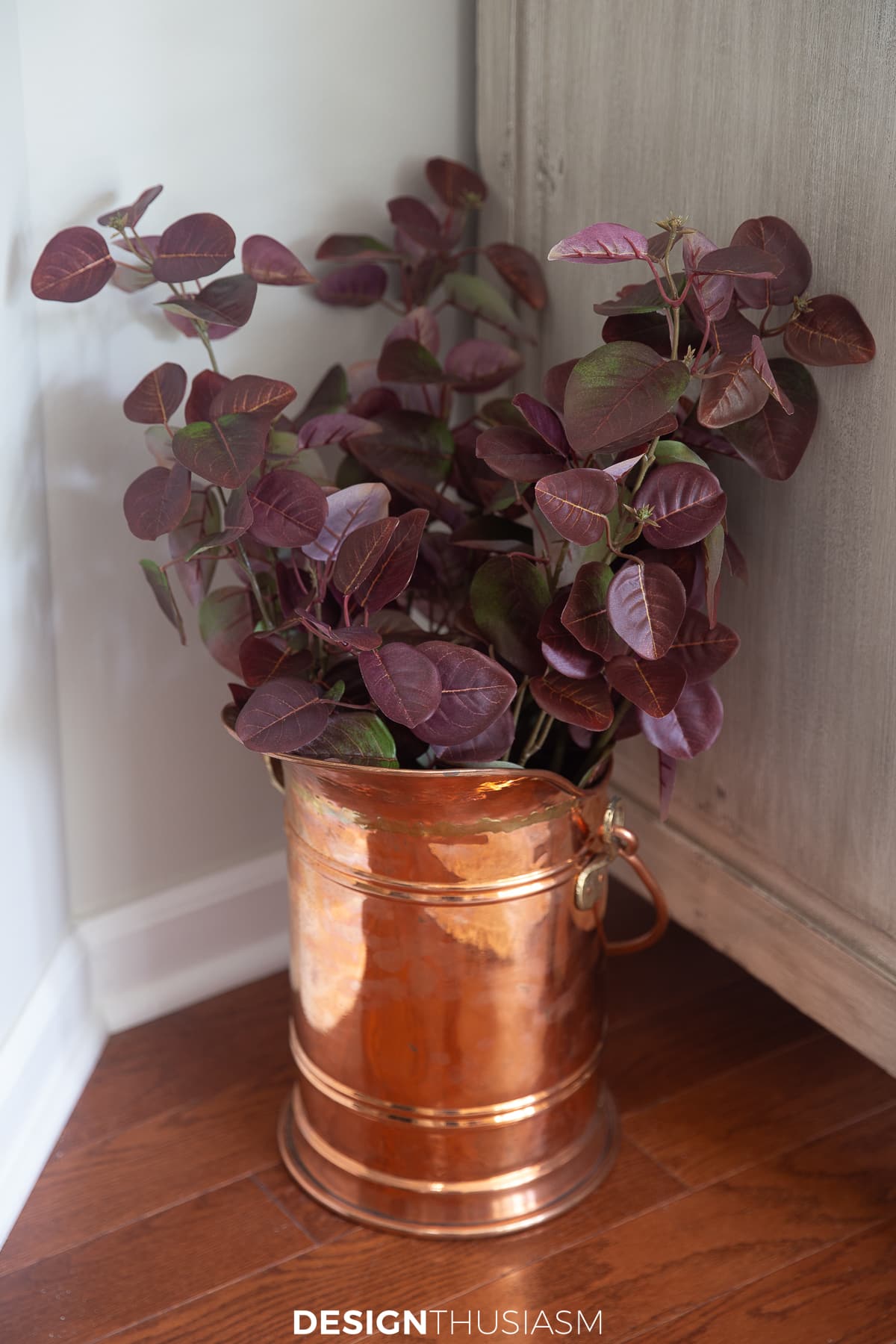 fall living room branches in copper urn