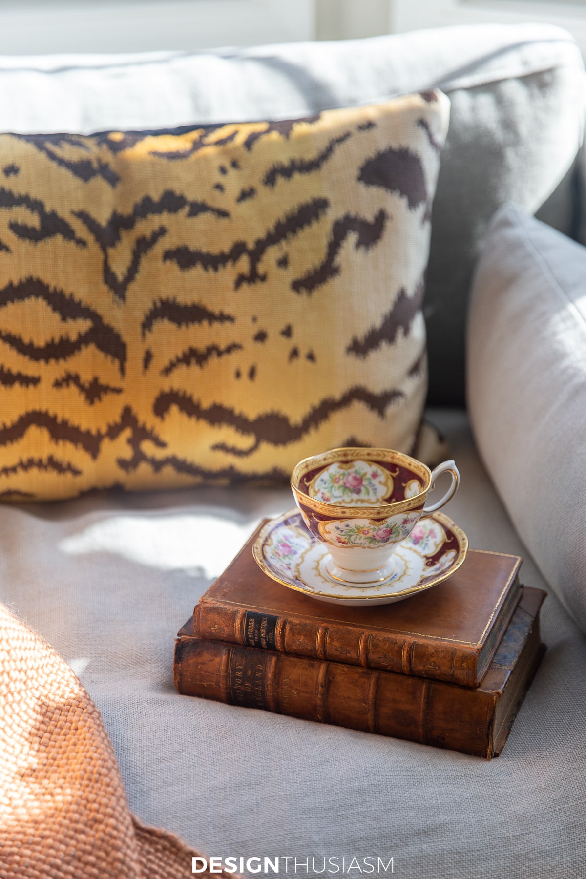 fall living room teacup on vintage books